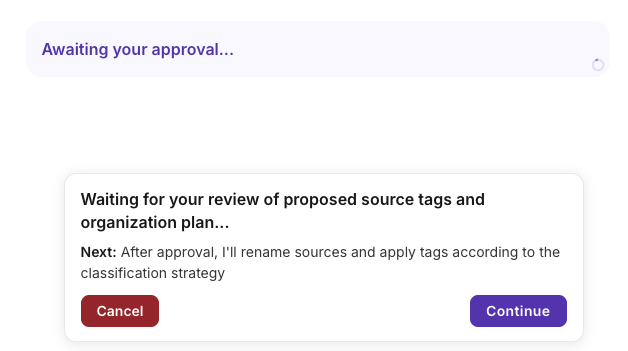 The Casefleet AI Assistant pausing for the user's review of proposed source tags and an organization plan — Cancel and Continue controls visible
